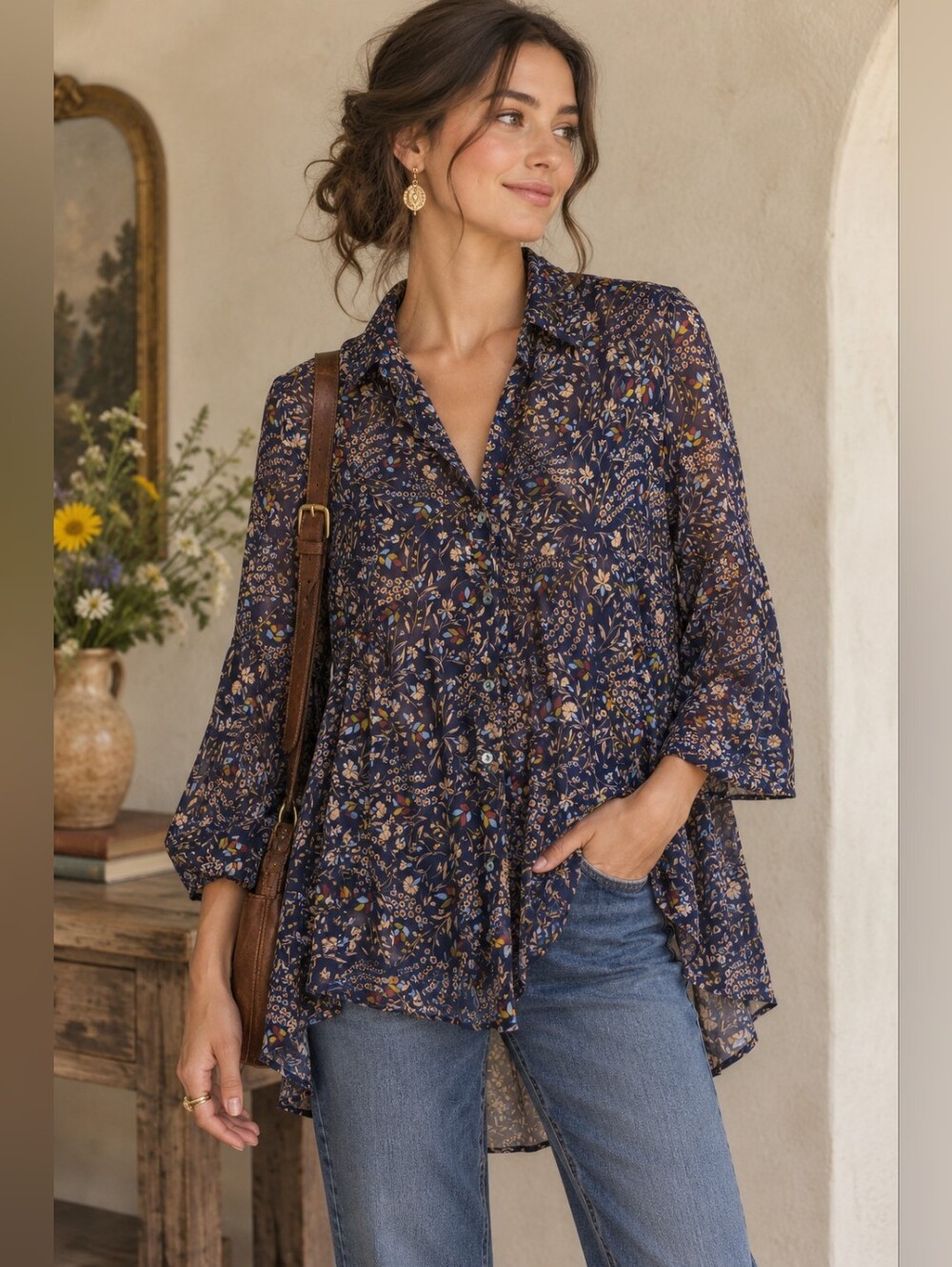 Maeve Navy Floral Button Up Tunic Size Small